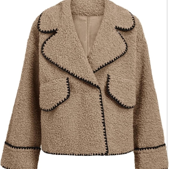 Cozy Tan Sherpa Jacket with Black Trim - Picture 3 of 8